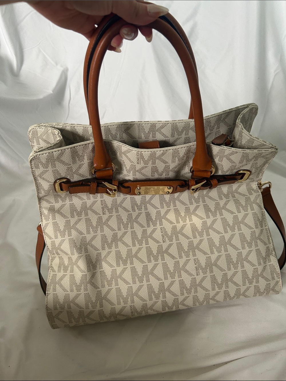 Michael Kors Cream Signature MK Canvas Tote with Brown Leather Trim
